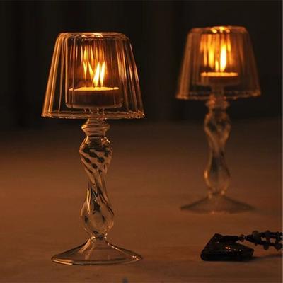 Glass High Footed Striped Candlestick Delicate Creative Lamp Shaped Candle Holder Romantic Art Craft Candelabra