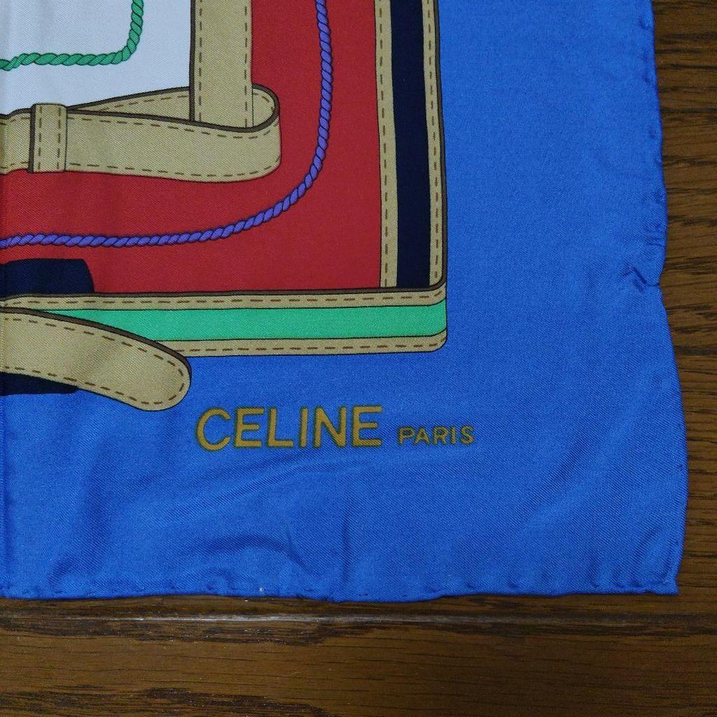 Used CELINE Scarf Bandana Belt Pattern Large Scarf Blue Red White