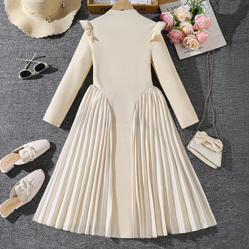 Girls' 8-12 Years Dress – Autumn New Arrival: Stand Collar Elegant Pleated Long-Sleeved Formal Gown