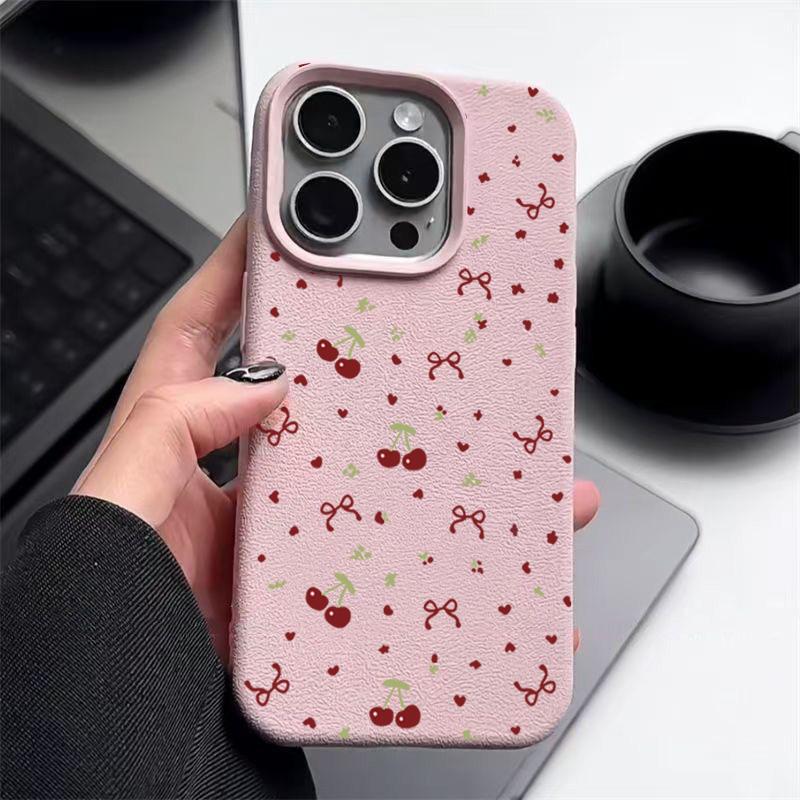 Little Cherry Bowknot Print Soft Matte Case For iPhone 16 Pro Max 15 Pro 14 13 12 11 TPU Leather Texture Shockproof Slim Phone Cover