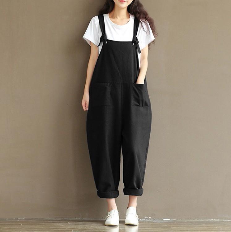 

2021 Spring/Summer Plus Size Dark Blue Brushed Cotton Overalls - Casual Women s Long Pants M чорний