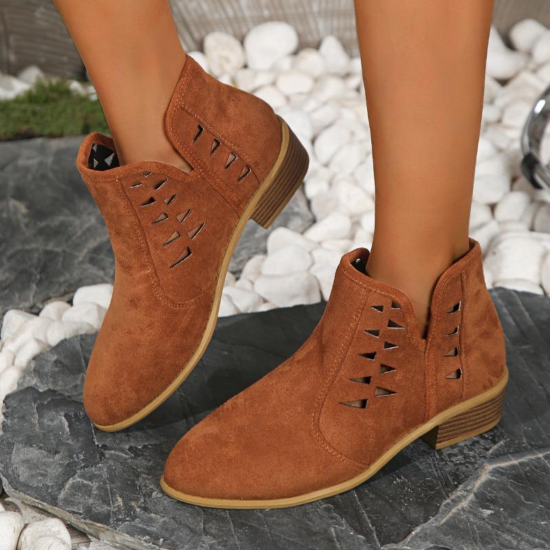 Women's Chunky Single Boots Autumn New Round Head Suede Hollow Breathable Non-slip Short Boots