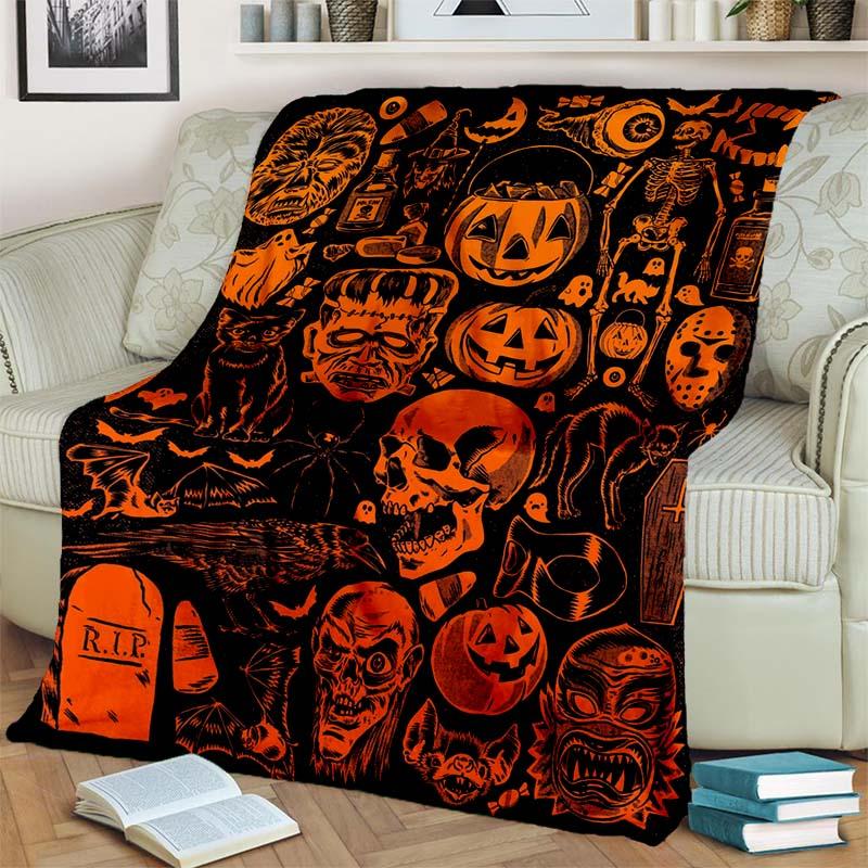 Halloween Pumpkin Ghost Print Flannel Blanket Cozy Warm Throw Bedroom Sofa Present Indoor Home Holiday Lounge Bedding Decor