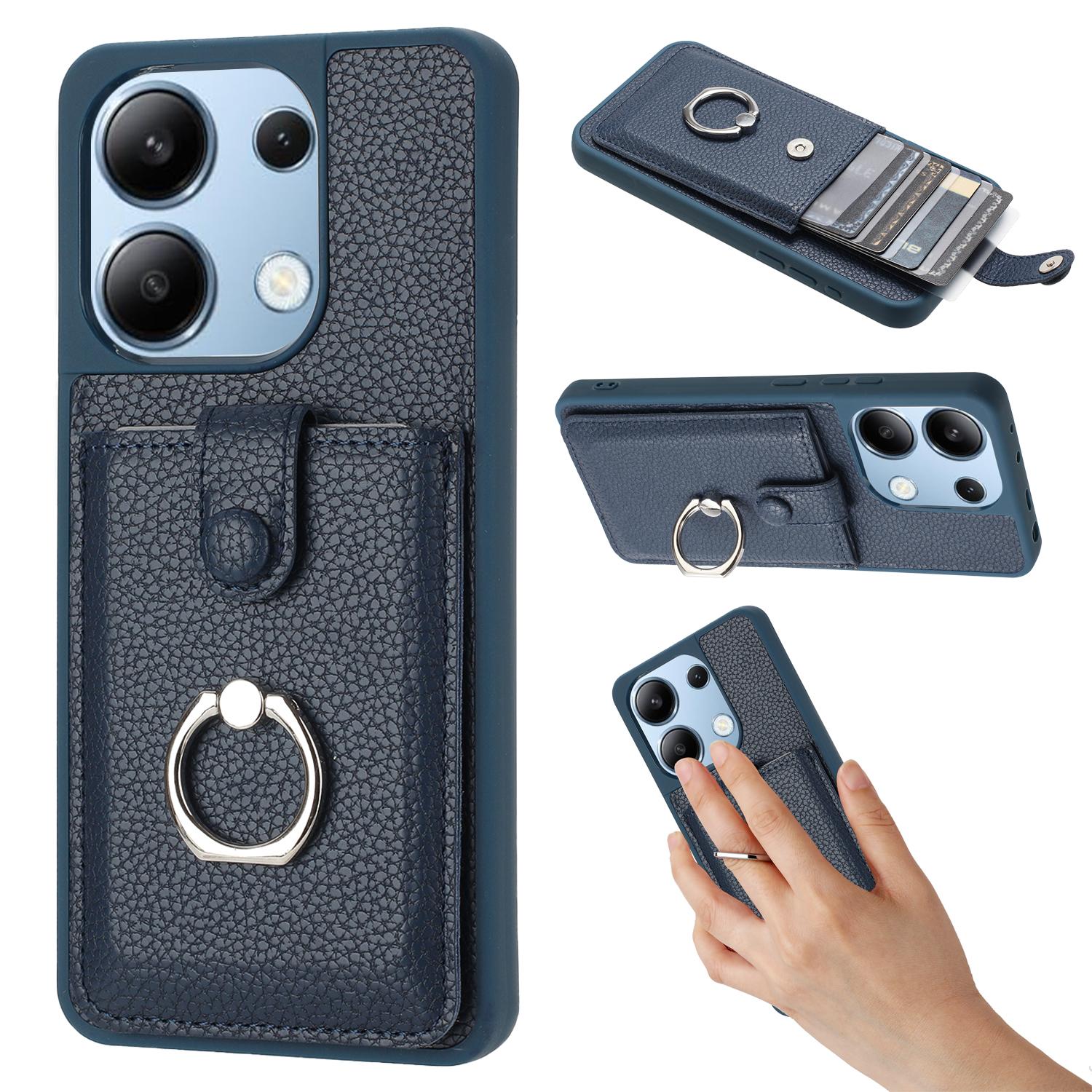 

For Xiaomi Redmi Note 13 4G Case Drawing Type Card Slots Litchi Texture Leather Back Cover with Ring Kickstand F