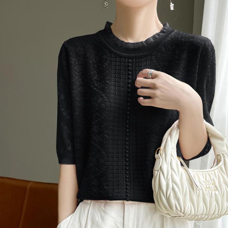 Zomerse kant opengewerkte gebreide korte mouwen dames ronde hals blouse met vijf mouwen losse parel halve mouw T-shirt