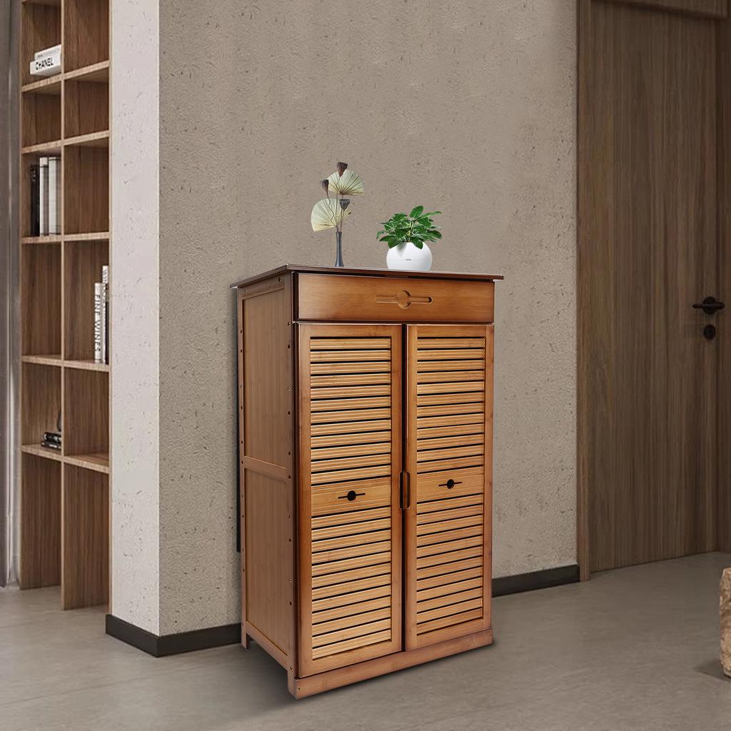5-Tier Bamboo Shoe Cabinet W/ Drawer & Doors, Retro Entryway Storage Organizer, Solid Wood Shoe Rack for Hallway, Natural Brown