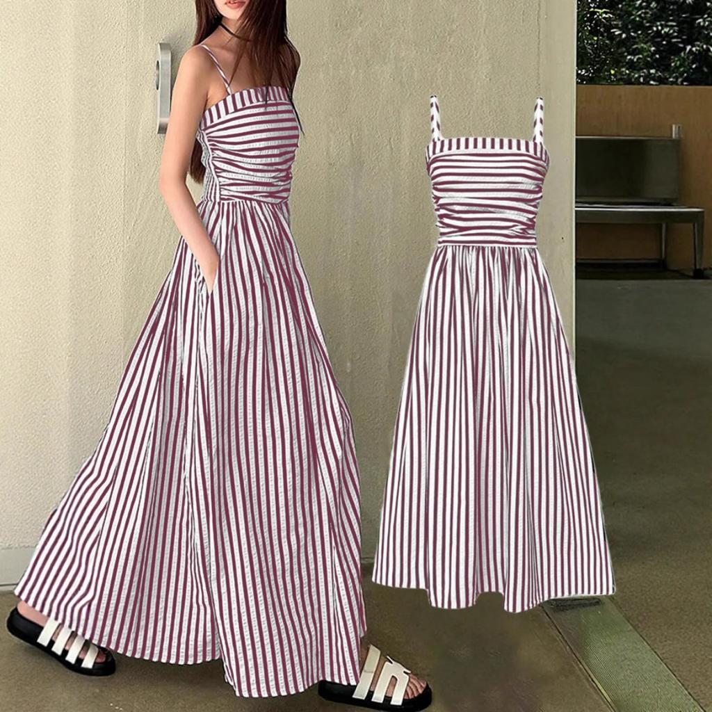 Summer New Striped Suspender Dress for Women, Elegant High Waisted Off Shoulder Maxi Dress, European American Style