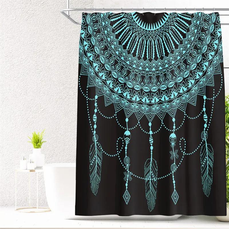 Feather Green Shower Curtain Liner Dreamcatcher Fabric Shower Curtain Waterproof Bath Curtain with Hooks Stall Home Decoration