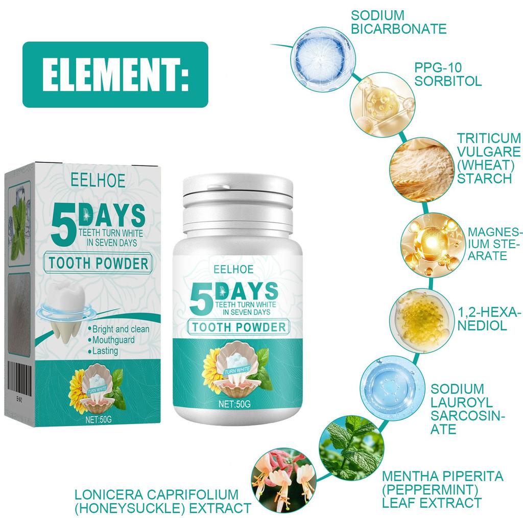 EELHOE Polvere Bianca per Denti 5 Giorni Rimuovi Placca Tartaro Pulisci Macchie Gialle dei Denti Polvere Pulizia Denti Alito Fresco 50g