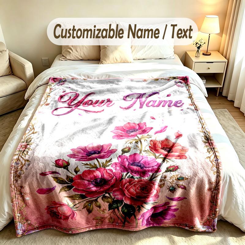 Floral Garden Theme Soft Blanket Personalized Custom Name Text Print Warm Blanket Home Sofa Bedroom Decor