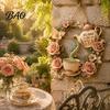 Creative Garden Accessories It's Time for Tea Door Sign, Metal Floral Wreath Hanger with Teapot Teacup Design, Art Windowsill Rustic Wall Decor