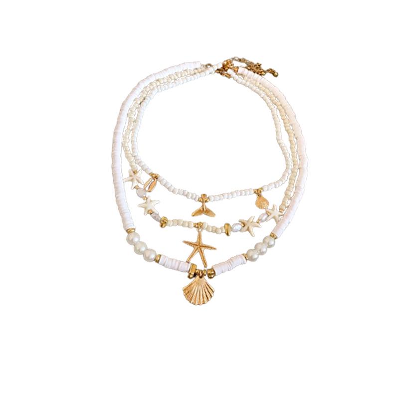 Seaside Fishtail & Starfish Pearl Pendant Necklace - Retro Clavicle Chain for Vacations