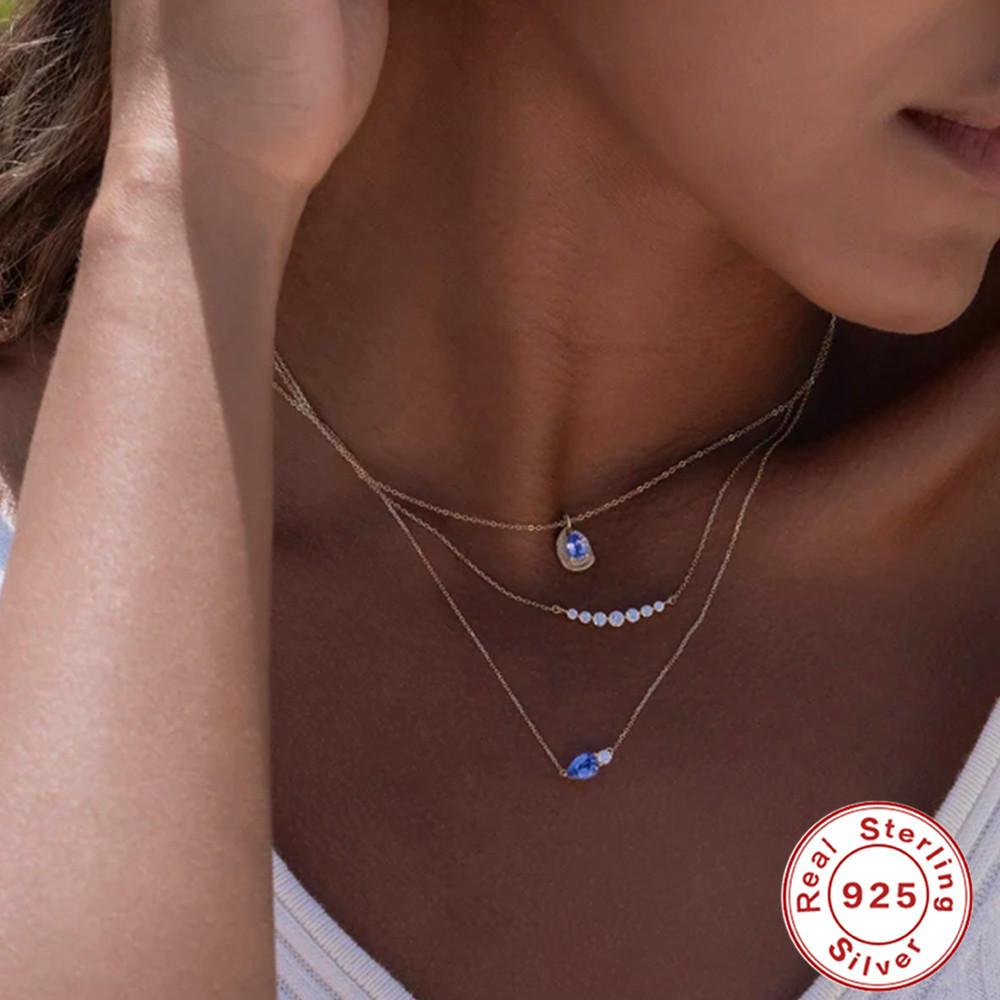 Modă Argint Sterling S925 Geometric High-End Atmosferic Piatră Prețioasă Albastră în Formă de Pară Cu Colier Claviculă pentru Doamne