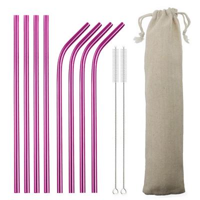 8pc Metal Straw Set Reusable 215mm Straw 304 Stainless Steel Drinking Straw with Brush Eco-Friendly Pink Straw For Mugs
