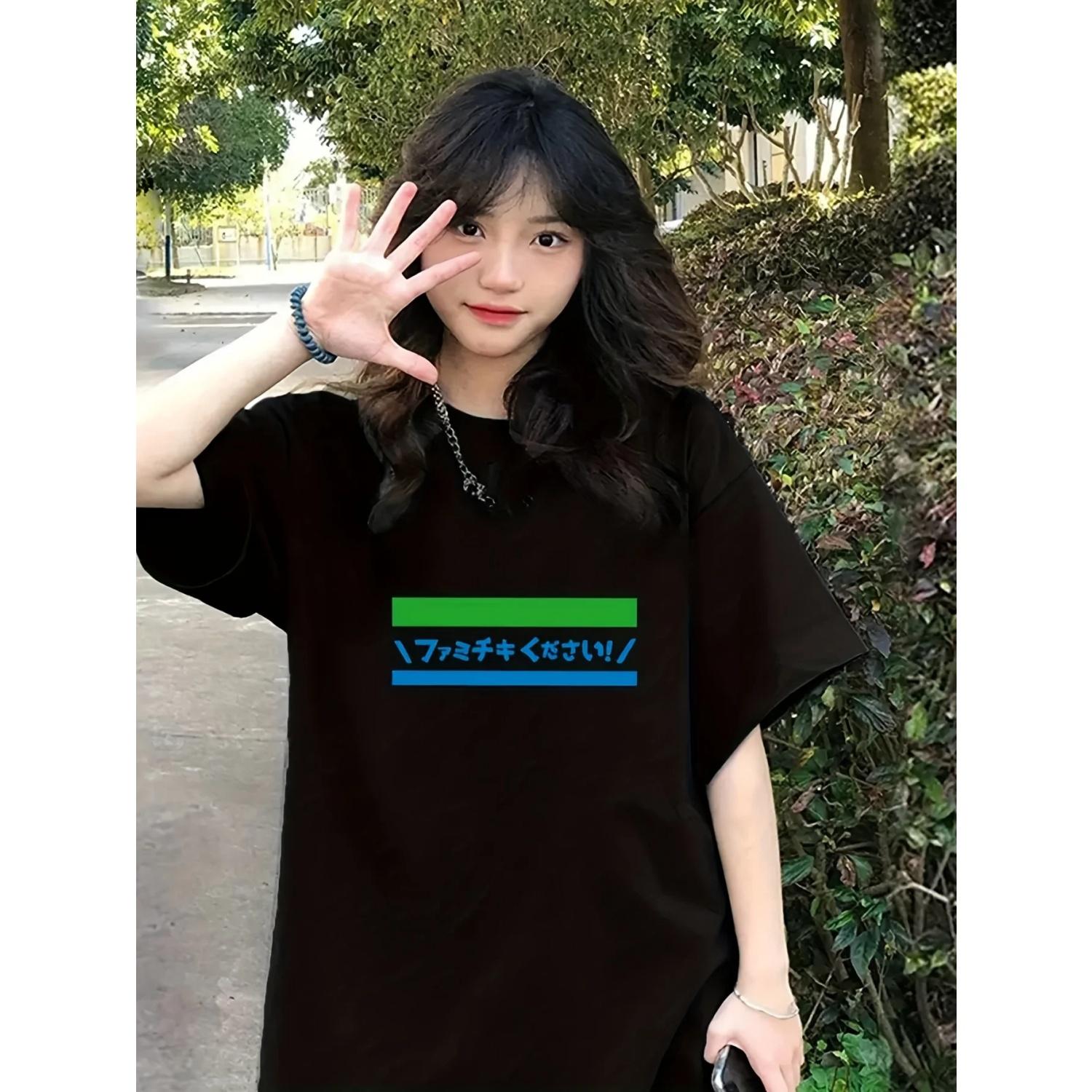 

Japanese interesting print short-sleeved T-shirt casual and versatile style suitable for daily wear and going out in summer S чёрный