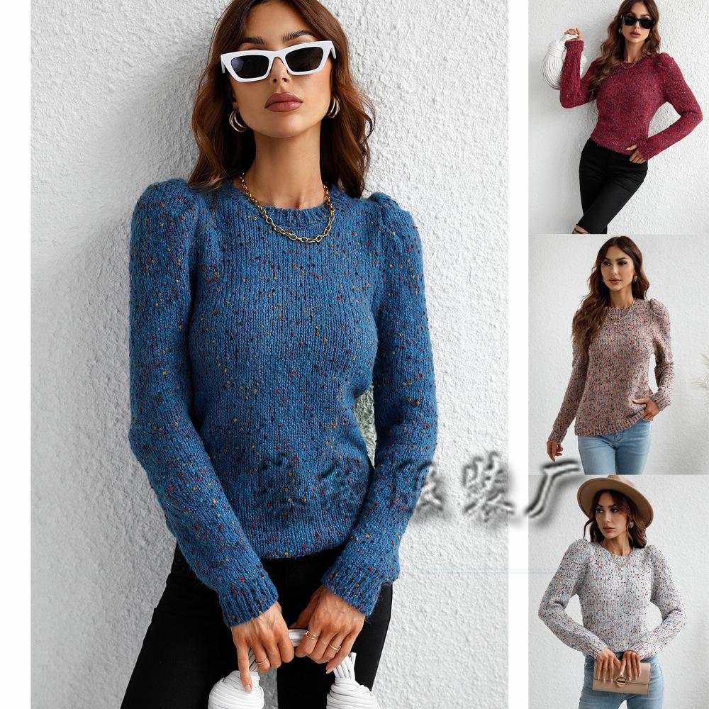 New sweater pullover solid color European and American temperament commuter crew neck yarn knitted sweater women