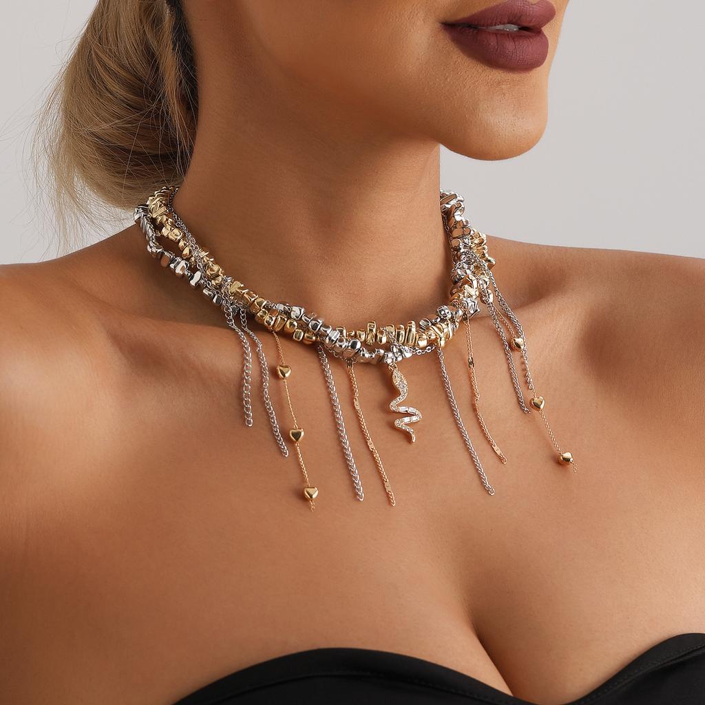 Jewelry Irregular Handmade Beaded Love Tassel Snake Pendant Clavicle Chain Gold And Silver Mixed Necklace