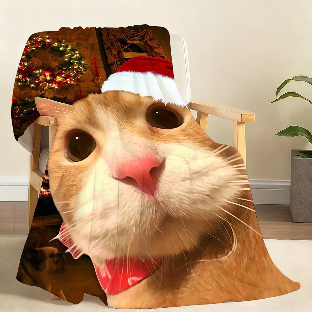 Funny Cat Merry Christmas Blanket Soft Throw Blanket for Home Bedroom Bed Sofa Picnic Travel Office Rest Cover Blanket Gift 75x90cm