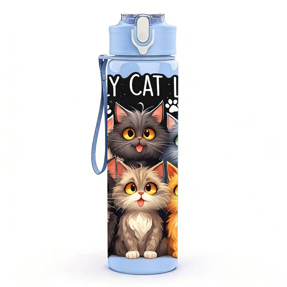 1PC Crazy Cat Lady Multi Cat Print 750ml Color Plastic Sports Water Bottle Leakproof Flip Straw Lid Suitable for Sports Office Home Use