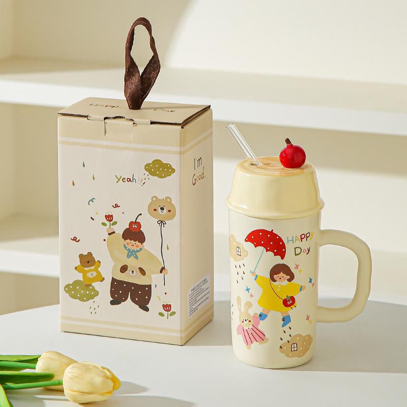 Boys and Girls Ceramic Cup with Lid Straw Couple Drinking Cup Mug Milk Breakfast Cup Souvenir
