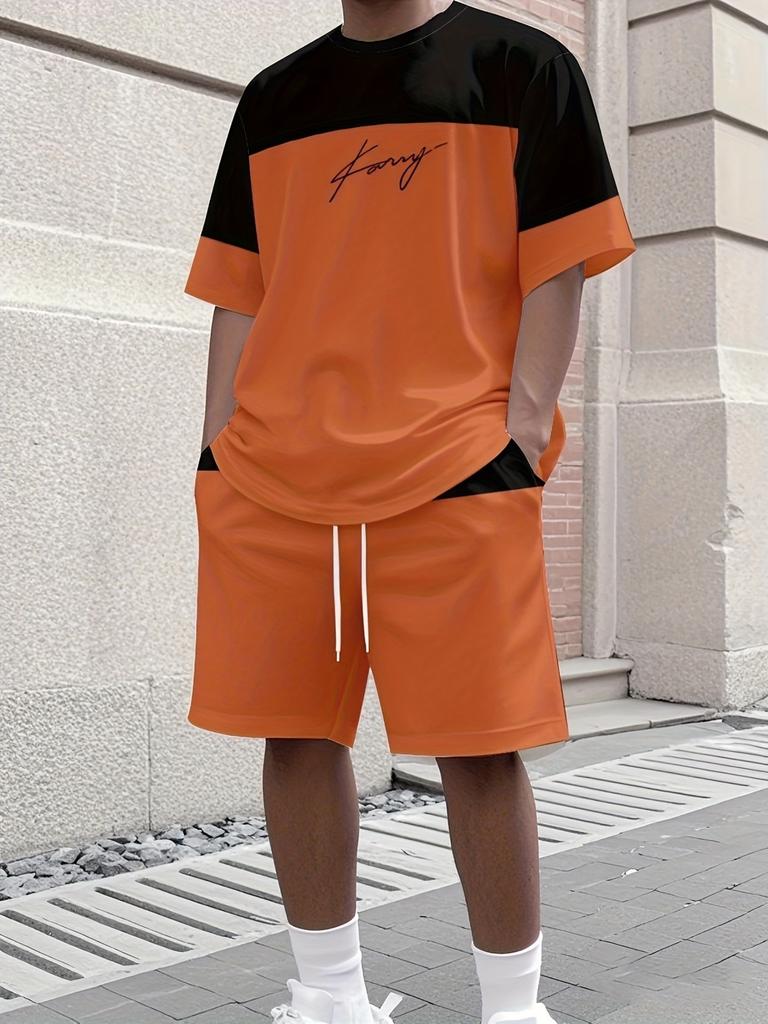 Summer T-Shirt Men's Running Athletic Outfit Two-Piece Set Crew Neck Short Sleeve Top & Shorts Men's Plus Size T-Shirt