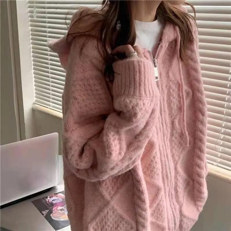 Korean Knit Cardigan Hooded Women Fashion Winter Casual Loose Zipper Thick Sweater All Match Female Streetwear Coats