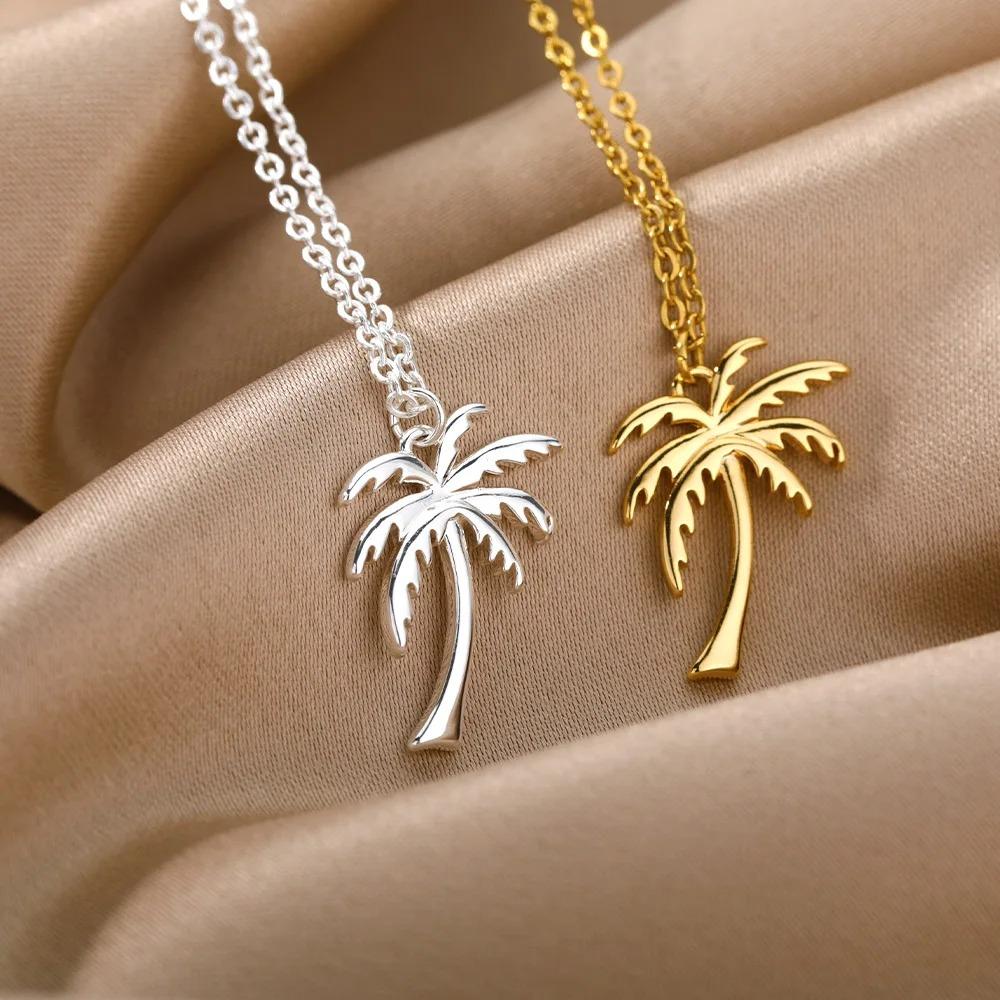 Coconut Palm Tree Necklace For Women Dainty Stainless Steel Palm Necklace Bohomian Jewelry Summer Ocean Beach Accessories