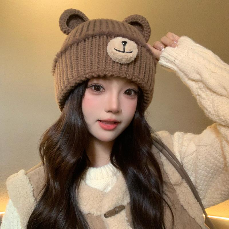 Cute Bear Ears Knitted Hat Autumn and Winter Velvet Thickened Thermal Ear Protection Hat Loose Face Small Wool Hat Woman