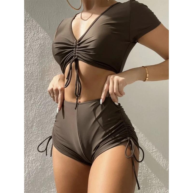

Sexy Drawstring Bikini Set 2024 Women Green Black Short Sleeve Two Piece Swimsuit Summer Bathing Suit Pleate High Waist Swimwear S
