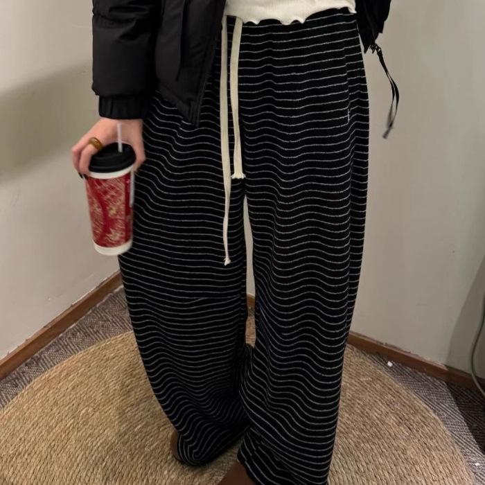 Retro Check Pattern Fleece Warm-up Casual Pants for Women, New Autumn-winter Style, Large Size, High Waist, Straight and Wide-leg Pants