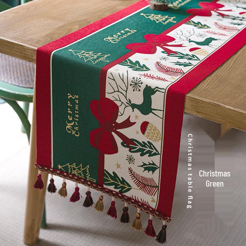 Jacquard Yarn-Dyed Christmas Snowman Reindeer Tassel Polyester Table/Bed Runner