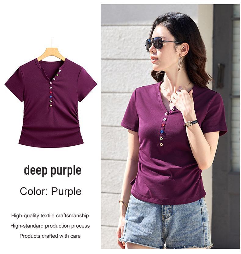 2026 Slim-Fit Short-Sleeve T-Shirt with Colorful Buttons - Korean Style Slimming, Versatile, and Sweet Women's Summer Top