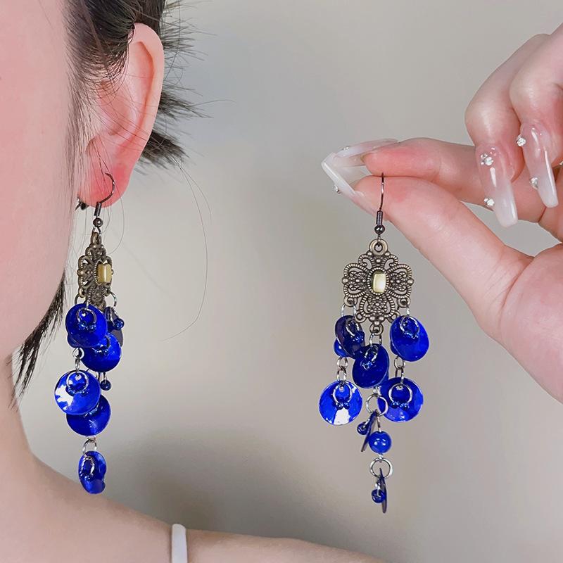 Náušnice s třásněmi ve tvaru kapky vody s dřevěnými korálky Silver Needle Etnický styl Retro Jednoduché puzetové náušnice Temperamentní náušnice Dámské Niche