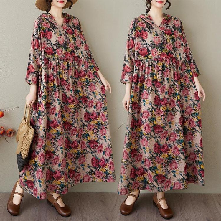 Summer  Vintage Floral Maxi Dress Women Plus Size Casual Loose Long Hooded Pleated Basic Dress