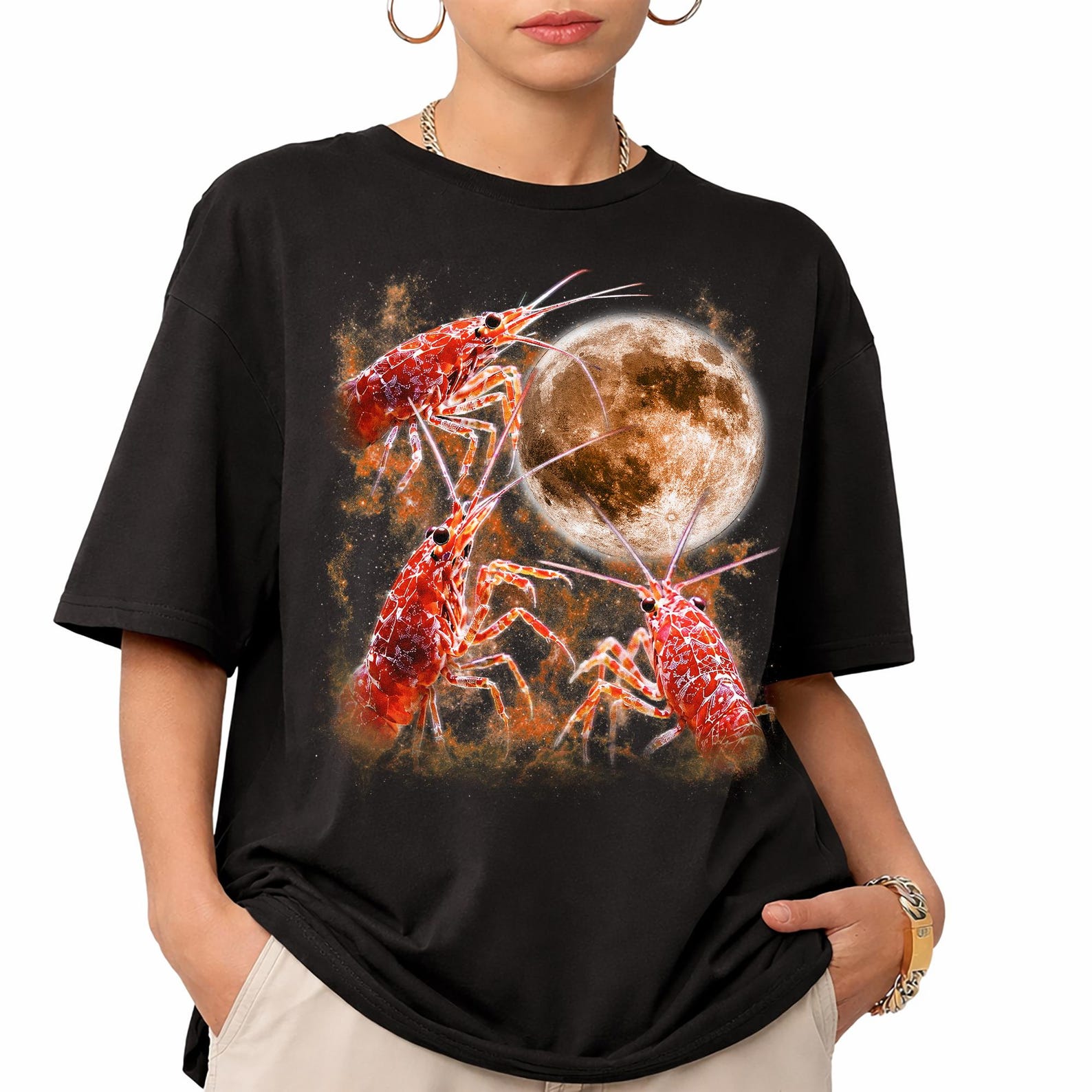 Cherry Shrimp Moon T-Shirt, Neocaridina Aquarium Hobbyist Retro Graphic Tee XL