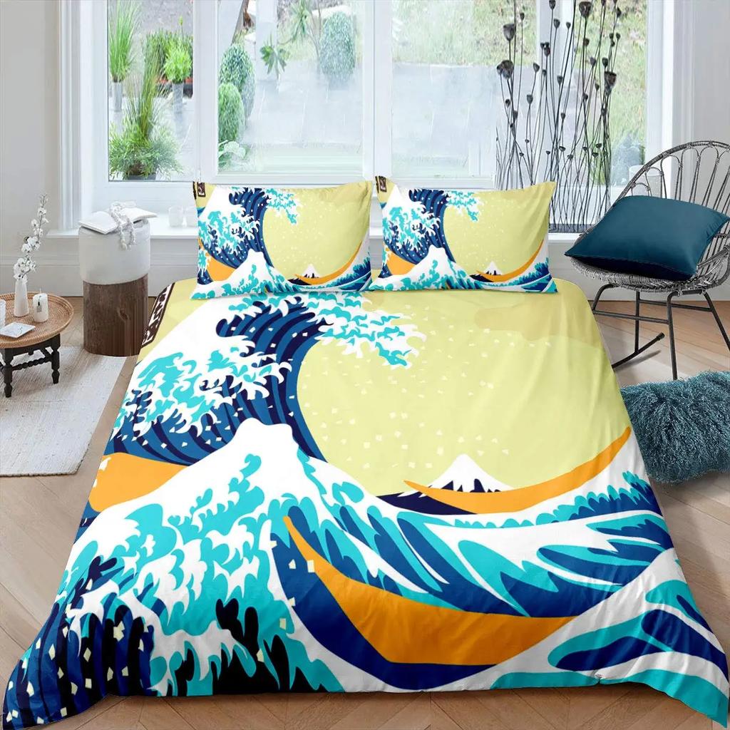 Ocean Wave King Queen Duvet Cover Red Sun Bedding Set Japanese Ukiyo-E Comforter Cover Exotic Navy Blue Polyester Quilt Cover