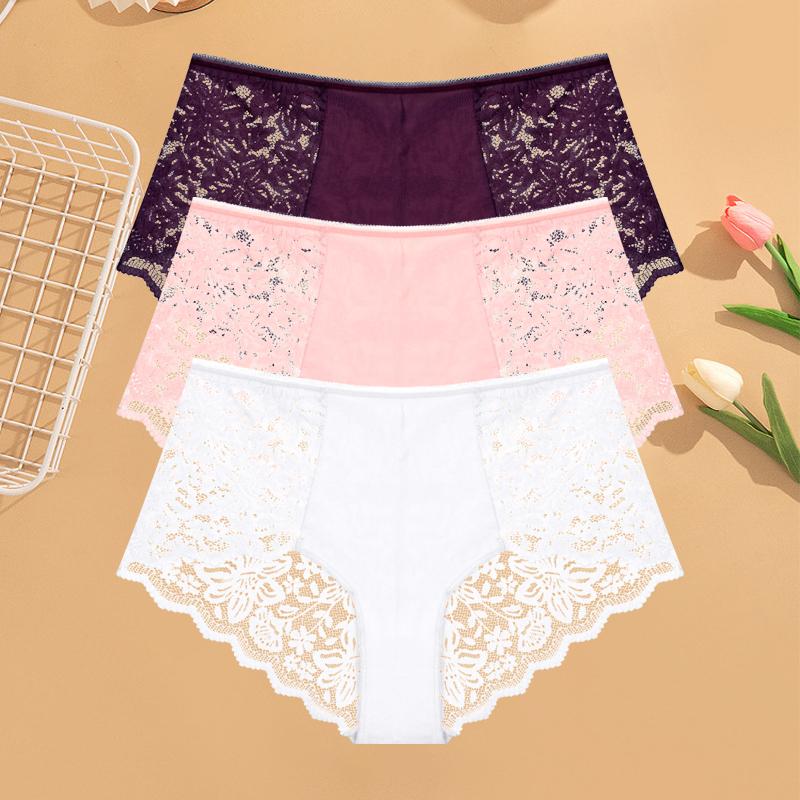 3Pcs Women's Lace Panties Sexy Hollow Out Boyshort Underwear Transparent Floral Underpants Girls Tempting Lingerie S-XXL