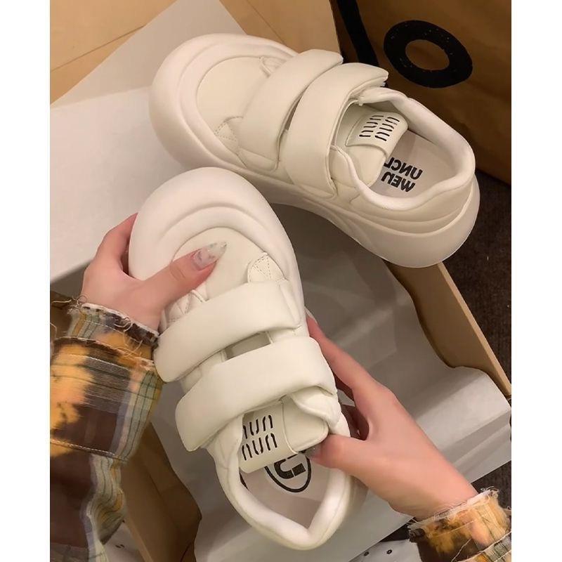 White Sneakers Spring and Autumn Heightened Thick-soled Velcro Ugly Cute Board Shoes Muffin Round Head Bread Shoes