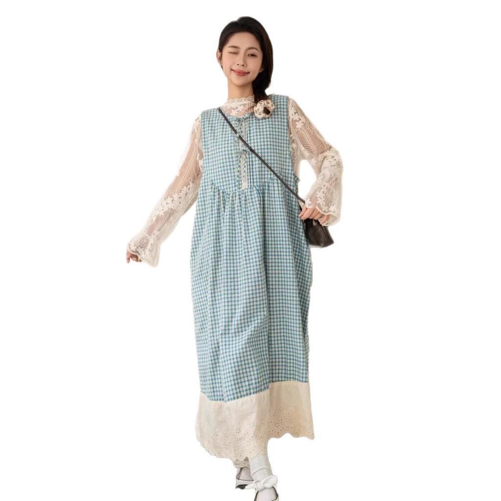 Sweet Lace Plaid Vest Dress: Forest Style, Age-Reducing, Sleeveless & Versatile for Spring/Summer