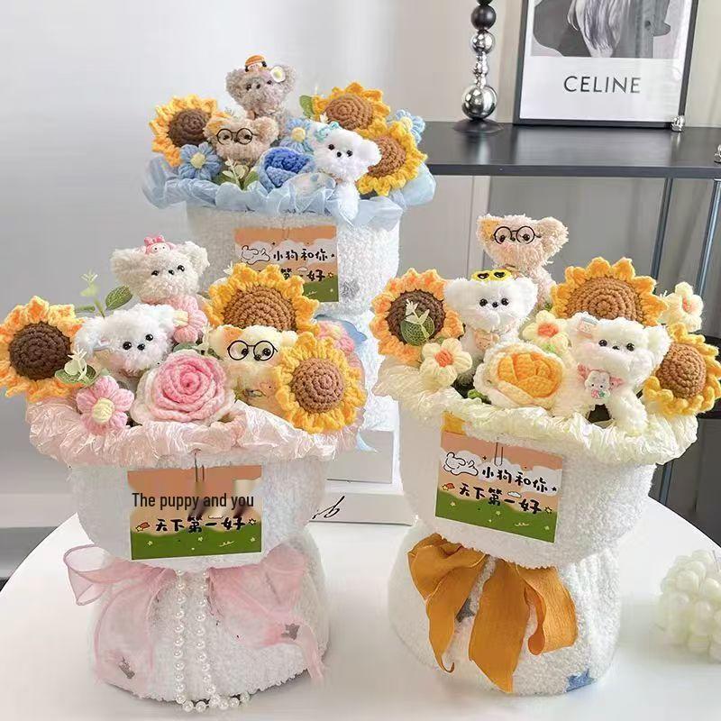 Bouquet d'anniversaire en cure-pipe avec poupée chien - Fait à la main, Cadeau mignon pour meilleure amie