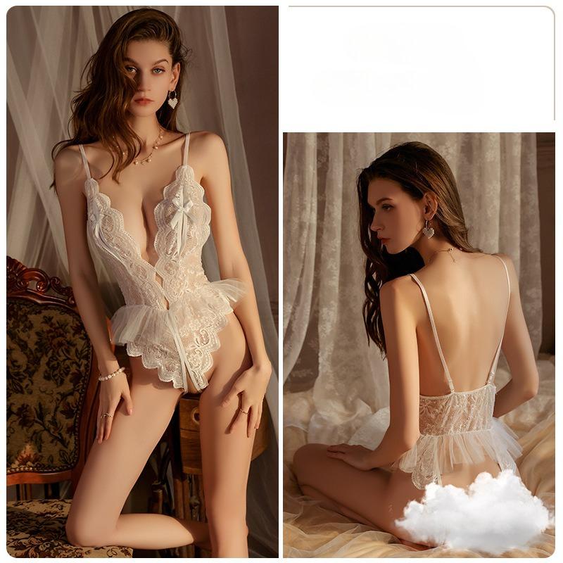 Women’s Sexy Lace Sheer Bodysuit Sweet Pure Style Backless Open-Crotch Lingerie