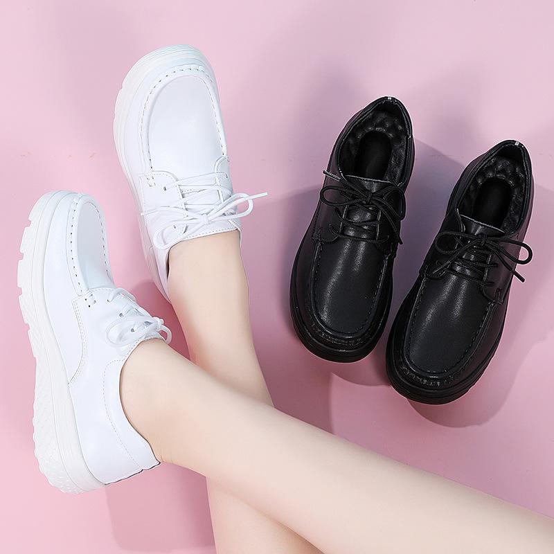 Cowhide Lace-up Nurse Shoes Women's Soft-soled Platform Work Shoes Flat-soled Comfortable, Lightweight and Breathable Casual Little White Shoes