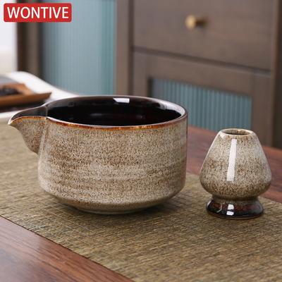 2PCS New Ceramic Matcha Bowl Set With Pouring Spout Reusable Tea Whisk Holder Food Grade Handmade Japanese Green Tea Bowl