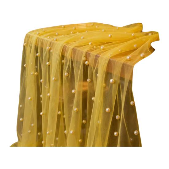 Faux Pearl Gauze Table Runner Boho Sheer Tulle Fabric Table Runner for Wedding Bridal Shower Birthday Party Dining Table Decor