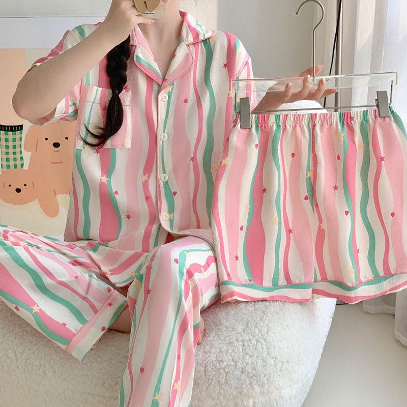 Women s Summer Girly Cartoon Three-Piece Set - Short Sleeve, Long Pants & Shorts, Korean Style Home Wear Large