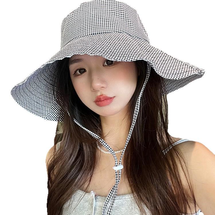 Korean Style Plaid Wide-brimmed Sun Protection Bucket Hat for Women - Spring/Summer Elegant Hiking Accessory with Face-Flattering Design.
