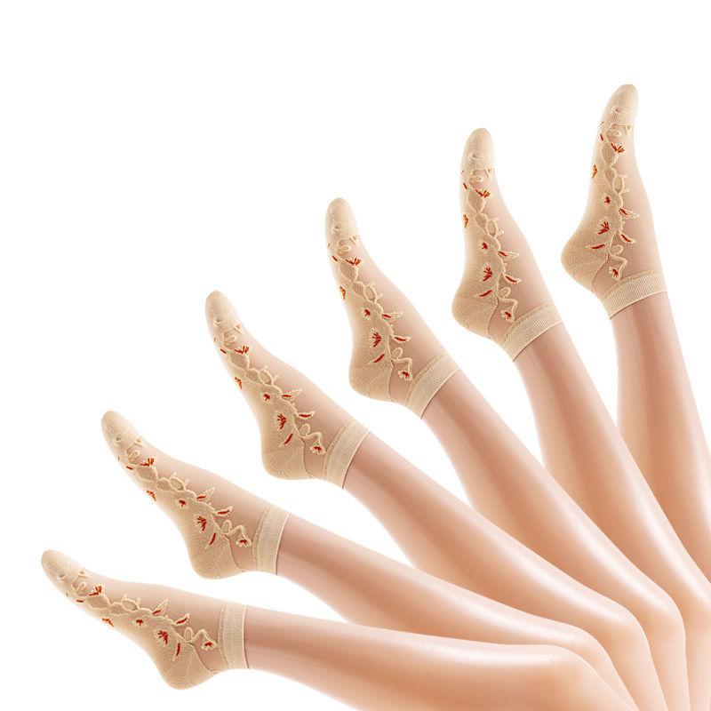 6 Pairs of Summer Ice Silk Short Tube Socks Rose Glass Silk Cotton Bottom Thin Breathable and Non Slip Women's Crystal Silk Socks