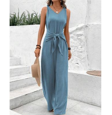 Fashion Solid Jumpsuit For Women Casual Sleeveless V Neck Lace-Up Wide Leg Pants Jumpsuits Lady Summer Holiday Womens Clothing