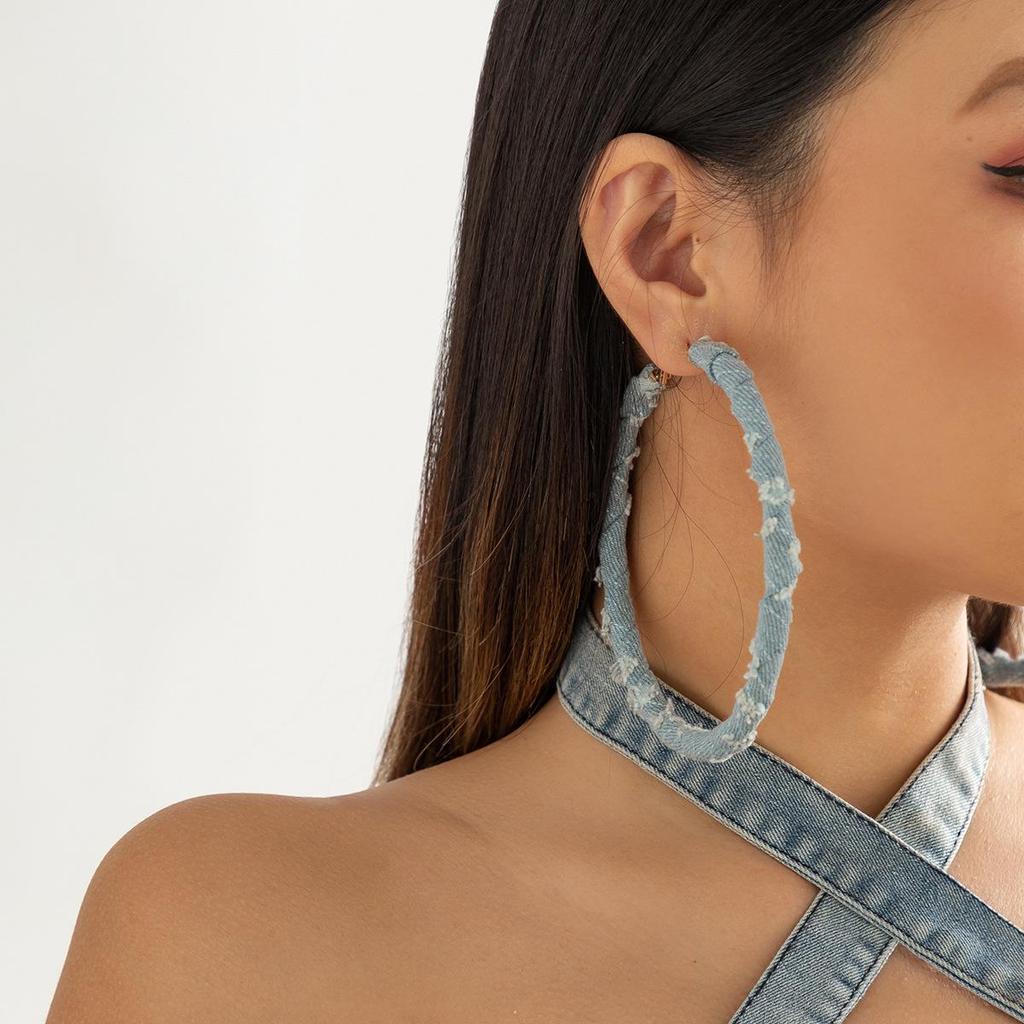 Vintage Denim Print Hoop Earrings: Retro Cross-Border Fabric Studs for Women