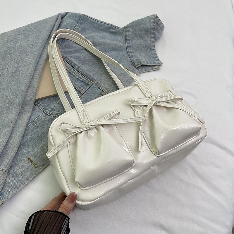 Sweet Bow Pleated Design Women Shoulder Bags Double-pocket Large Capacity Ladies Underarm Bag Solid Color Female Handbags Tote